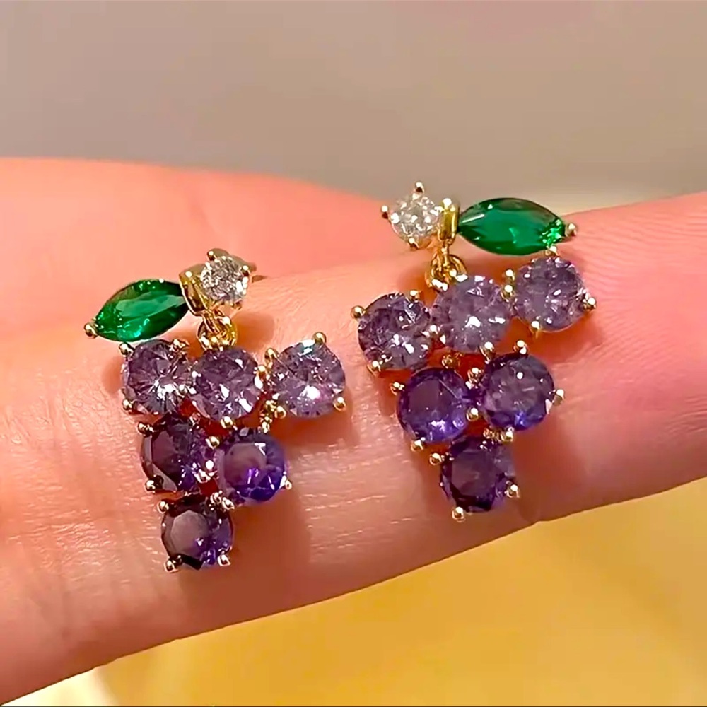 Anthropologie Itty Bitty Crystal Grapes CZ Earrings Bunch of Purple Gemstones